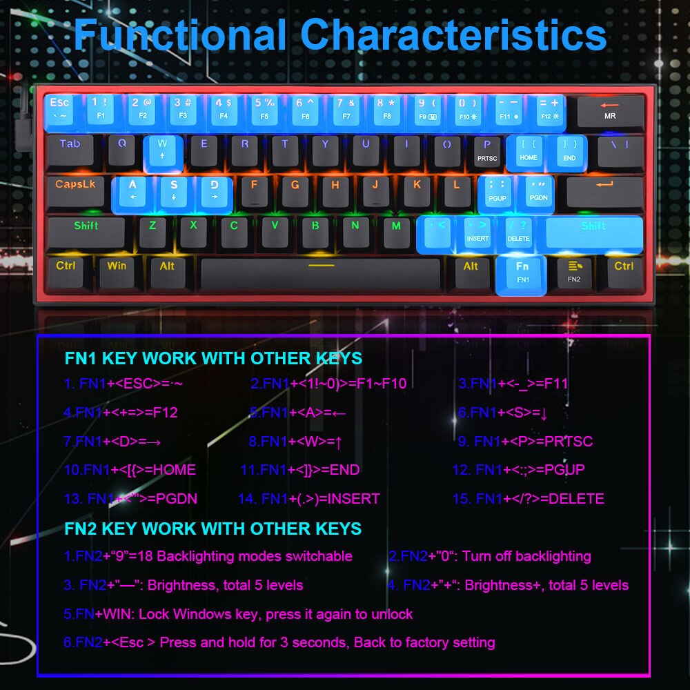 REDRAGON-miniteclado mecánico Fizz K617 para videojuegos, teclado con cable desmontable, 61 teclas, color azul, arcoíris, USB, portátil, para viaje
