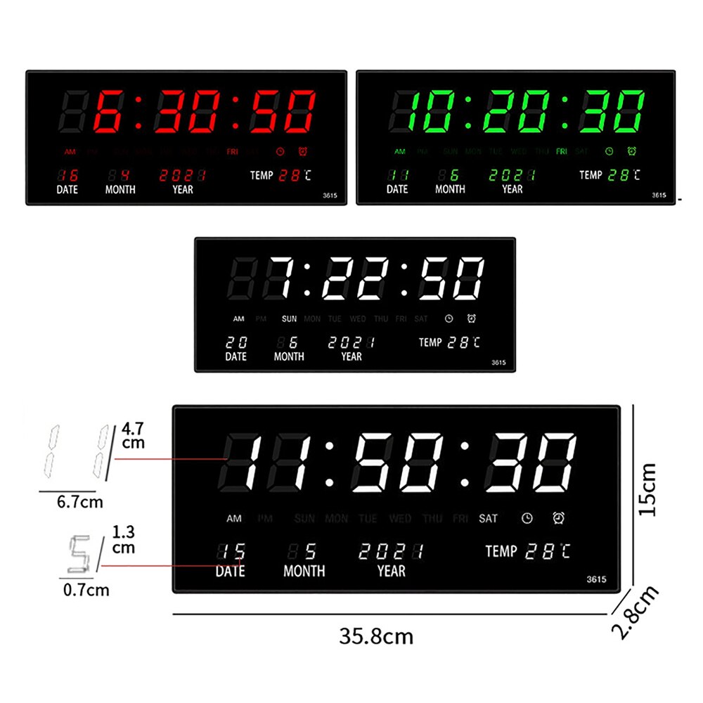 Large Electronic Wall Clock Light Sensing Temperature Date Power Off Memory Table Clock Wall-Mounted Calendar Digital LED Clocks