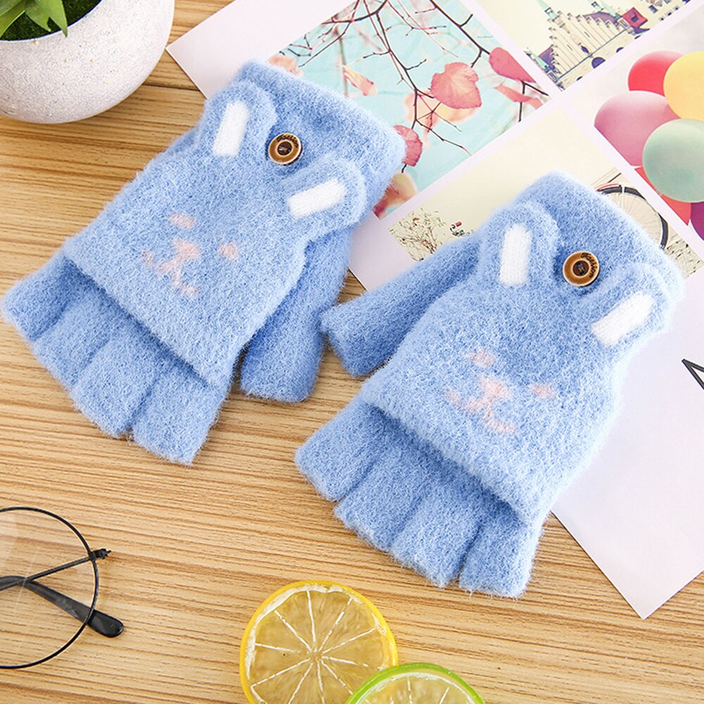 1 par conejo oreja Flip-top guantes de niño chico esponjoso de manopla de mitad de dedo de dibujos animados de invierno guantes: blue