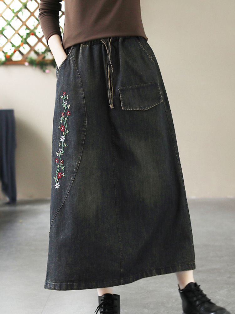 Max lulu forår kinesisk stil denim nederdele dame fritid løst broderi tøj dame klassiske harajuku kjoler