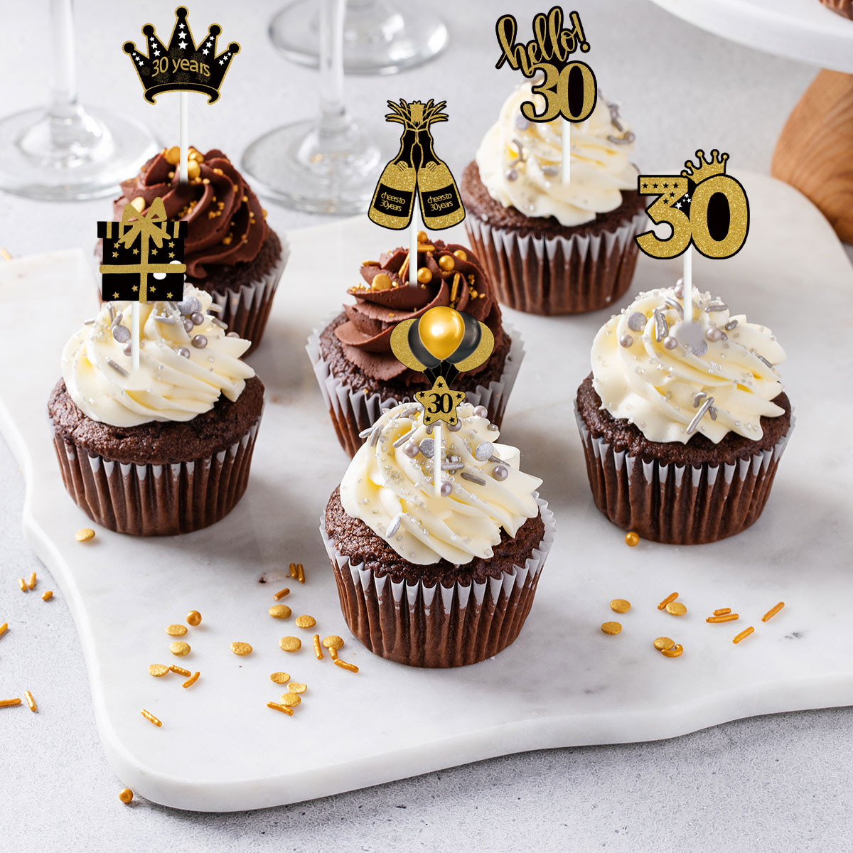 30 40 50 60 Years Old Cupcake Toppers Black Gold Cake Picks Adult Birthday Anniversary 30th 40th 50th 60th Birthday Cake Decor