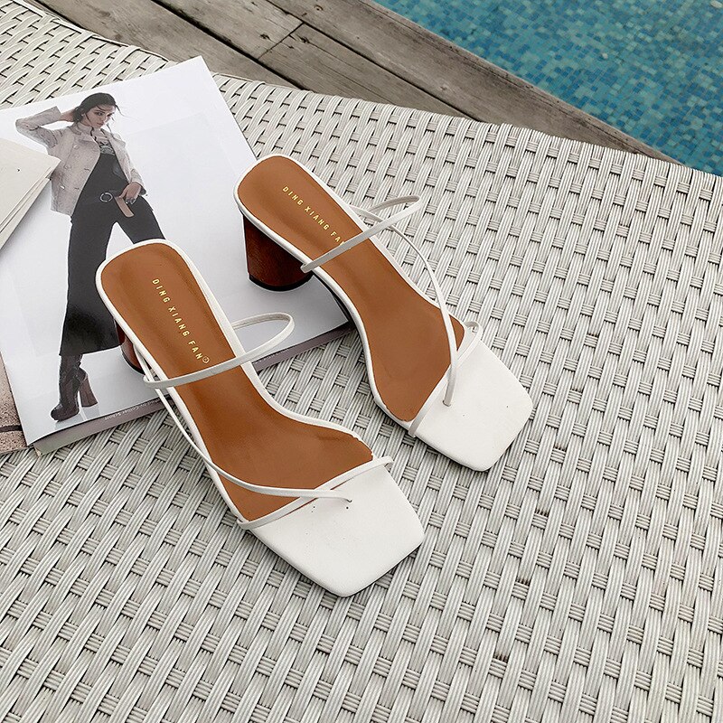 holz Ferse Slipper frauen Sandalen Jahrgang Karree Schmale Band hoch Hacke Sandalen Frauen Sommer Schuhe Frauen I074: Weiß / 5