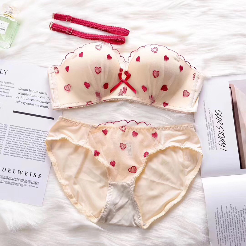 Liefde borduren kleine naadloze meisjes intimi jonge dames beha en panty set mode vrouwen sexy ondergoed brasserie sets