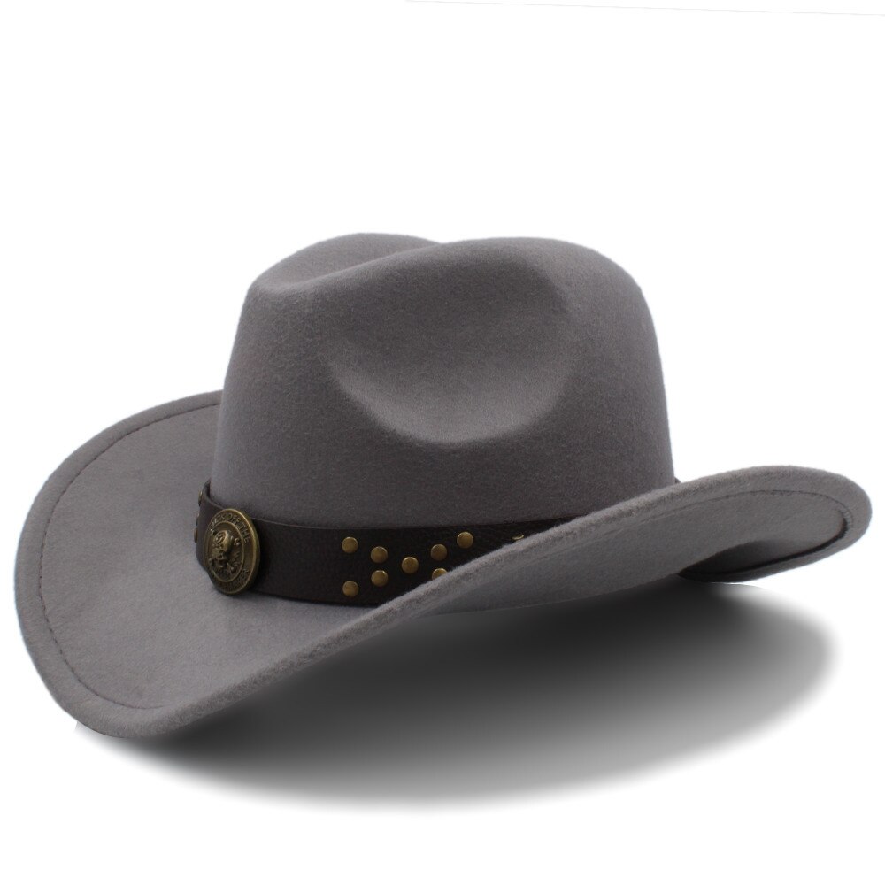 Klassisk kvinder uld chapeu western cowboy hat vinter efterår dame dronning jazz cowgirl sombrero hombre steampunk cap størrelse 56-58cm: Grå