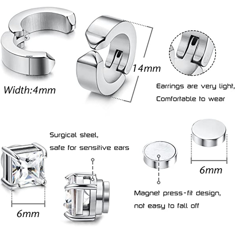 1 Paar/6 Paar magnetische Ohrstecker aus Edelstahl für Männer und Frauen, Creolen zum Anklipsen, CZ, nicht durchdringender Stahl für alle Altersgruppen