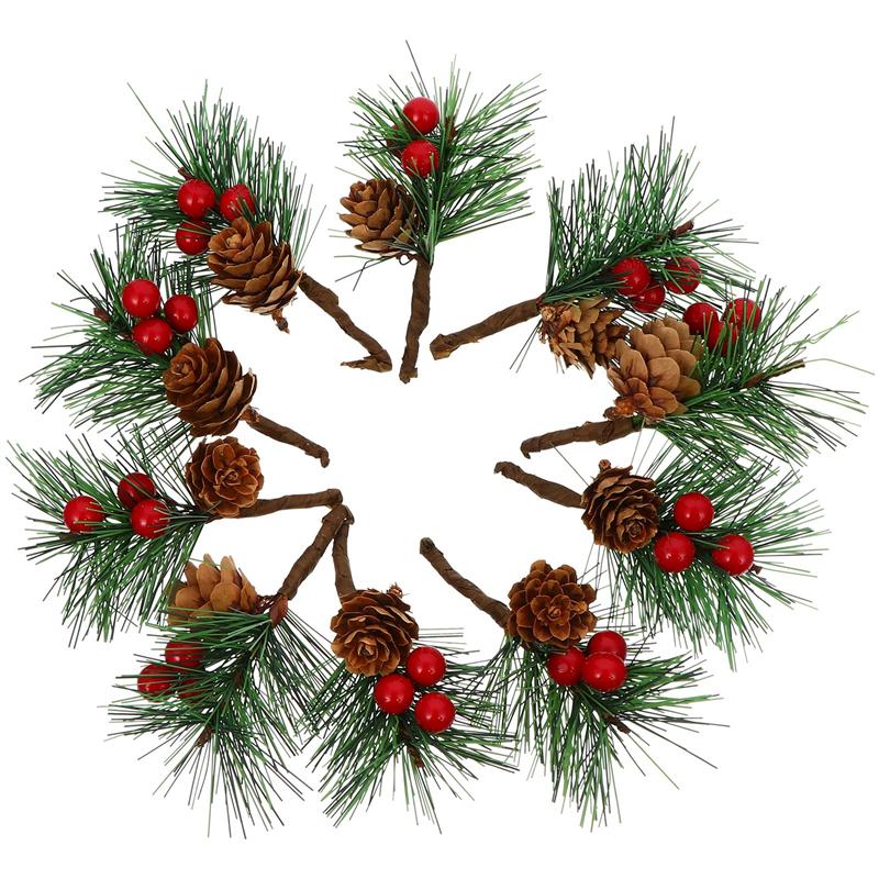 10Pcs Kerst Pine Cone Takken Gesimuleerde Realistische Imitatie Grenen Takken Berry Boeketten Dennennaalden Voor Thuis
