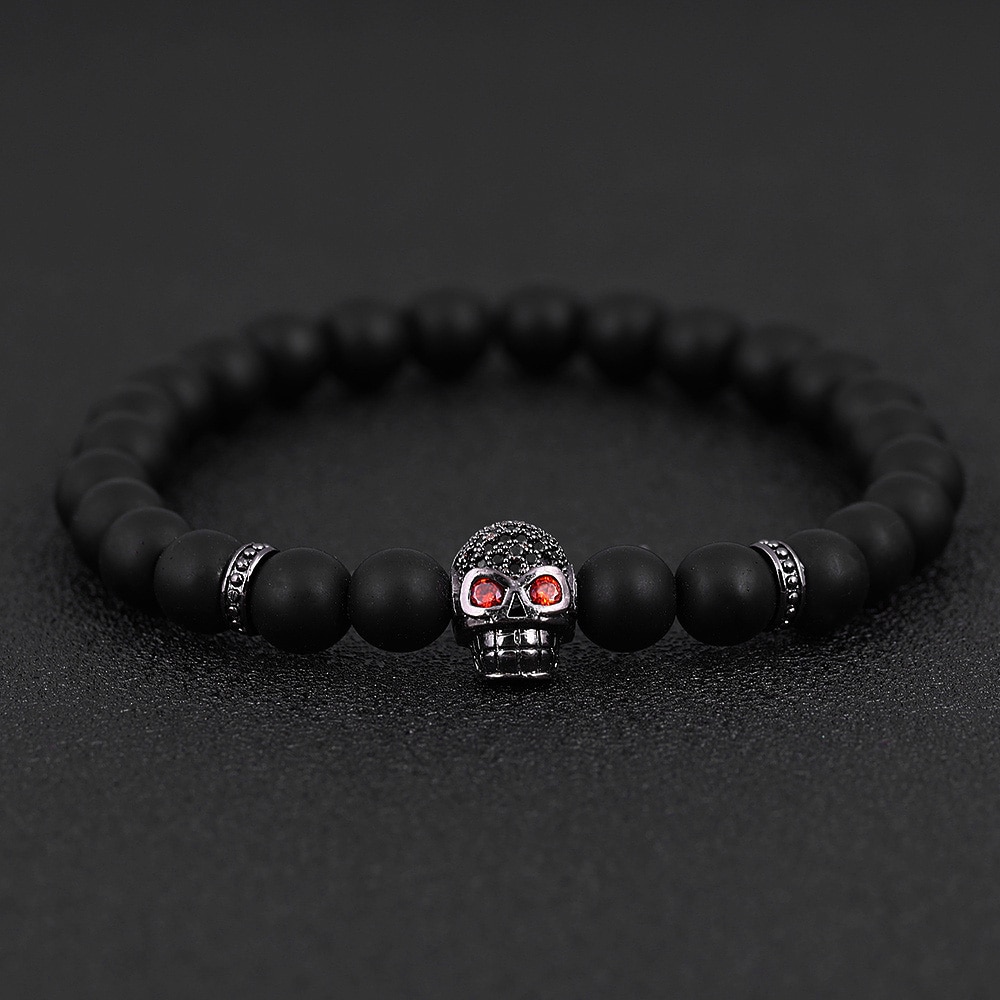 2020 moda nova caveira masculino pulseira fosco cor preta 8mm pedra grânulo pulseira para presente de jóias: 3
