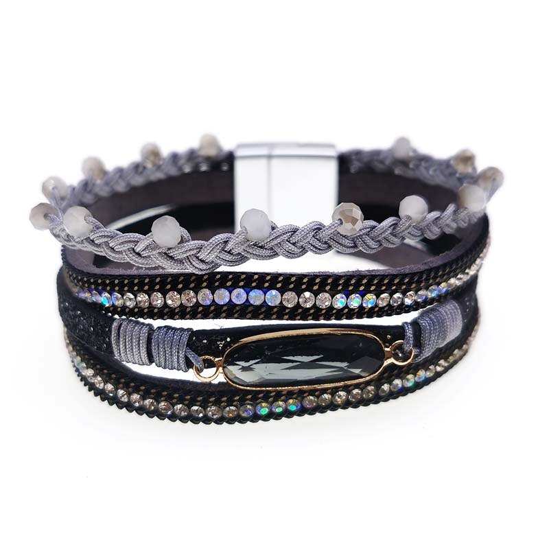 D&D Women Leather Bracelet Rhinestone Bar Charm Bohemian Leather Female Bracelets in 7 Colors: 1