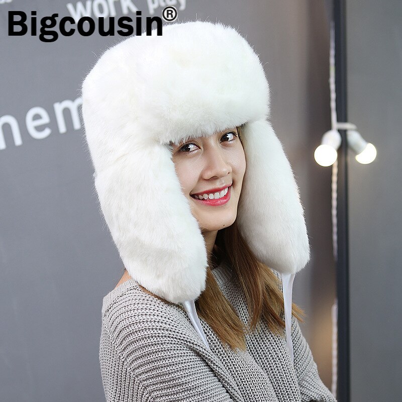 Winter Thick Warm Hats Faux Rabbit Fur Russian Fur Cap Bomber Hat Lady Ski Outdoor Fur Caps