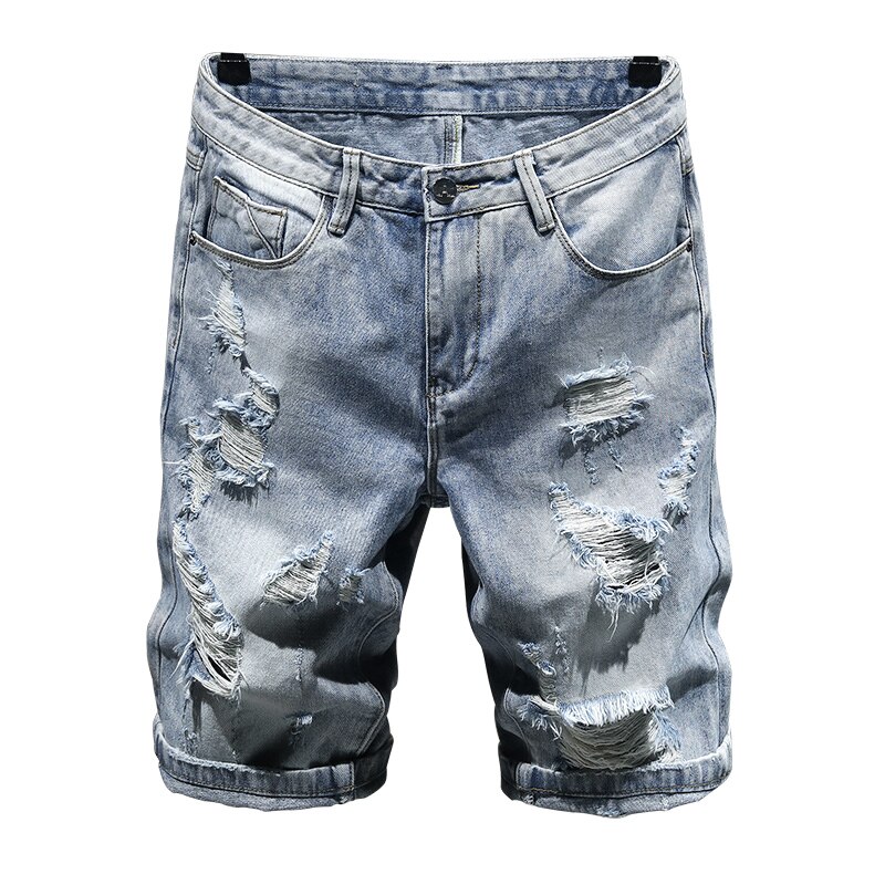 Sommer mænd lyseblå vintage vask distressed rippet hul denim kort hip hop streetwear lige biker jeans kort plus størrelse 38: 34
