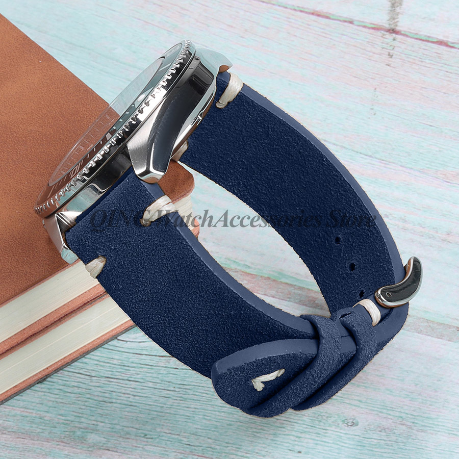 Suède stiksels lederen horlogeband 18mm 20mm 22mm Quick Release Vintage armband blauw bruin horlogeband vervanging: Goud / 20mm