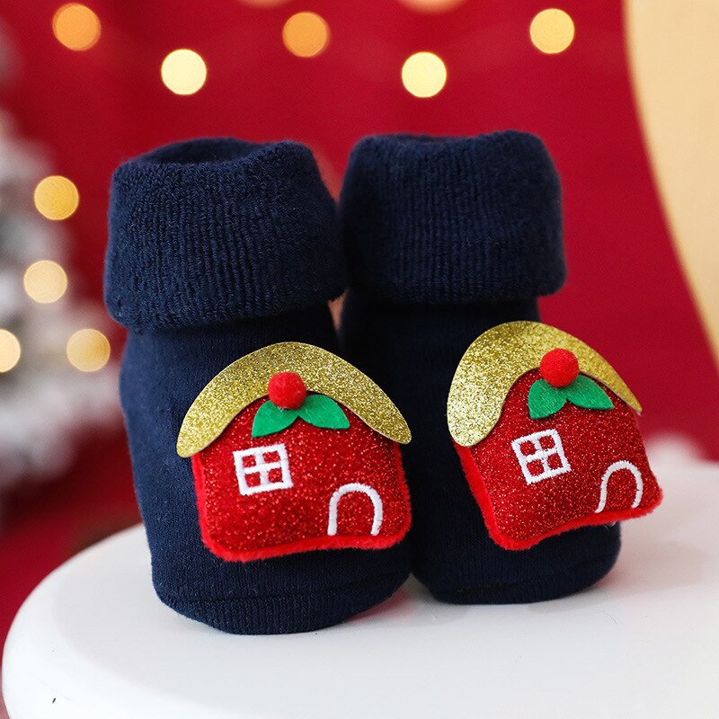 Bomulds baby sokker jul gummi skridsikker gulv sokker tegneserie spædbarn baby dyr sokker vinter efterår tykkere varme sko: Blå / S (i 0-1 år)