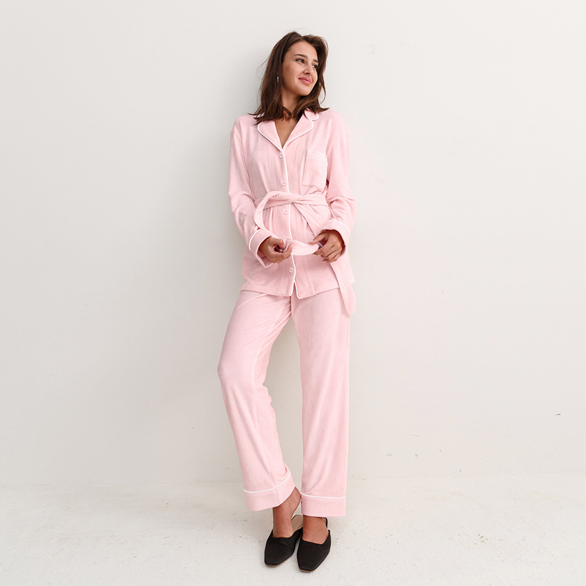Hiloc – pyjama en velours tricoté pour femmes, ensemble avec pantalon, poches, manches longues, costume, simple boutonnage, vêtements de maison: Pink / L