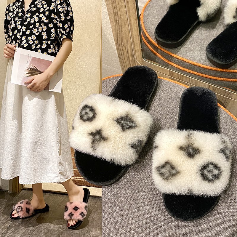 Varme sko kvinde vinter tøfler imiteret pels kvinder tøfler slip on flip flops pels tøfler kvindelige slides plus str.