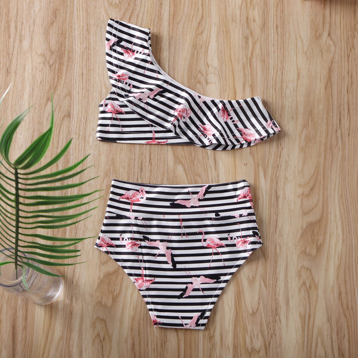 Summer Kids Girl Two-Piece Swimsuits Stripe Flamingo Swimwear Child Girl One Shoulder Tops Swim Bottoms 2Pcs 0-4Y