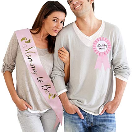 Daddy to be & Mom to be Tinplate Badge Pin - Baby Shower Button Dad Gender Reveals Party Baby Girl Pink Rosette Button