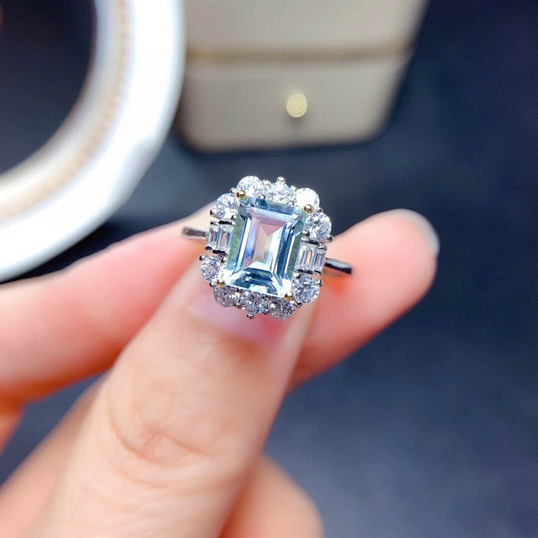 Vintage cielo azul piedra de topacio anillo de plata de las mujeres anillo de Zircón DE BODA Natural colorido gema anillo de lujo joyería fina