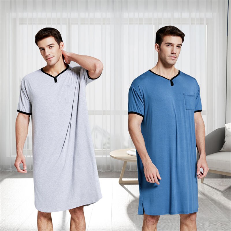 Men Sleep Robes Pajamas Short Sleeve Solid Pajamas Pockets Cozy Cotton Vintage Homewear Nightgown Mens Bathrobes Men Clothes