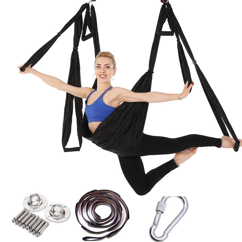 Full Set Aerial Yoga Hammock+Hanging Belt+Ceiling Plates Anti-Gravity Nylon Pilates Flying Swing for Home GYM Fitness 2.5*1.5m: black