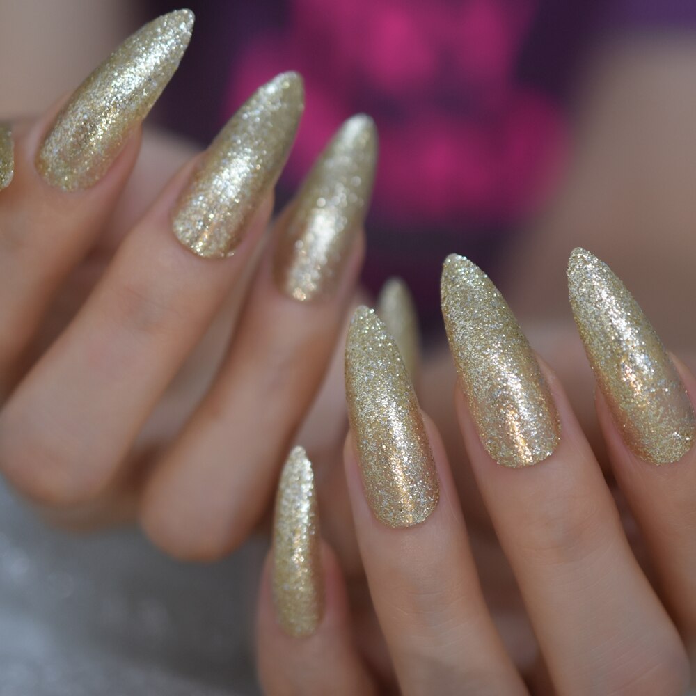 Extra Long Stiletto Faux Ongles Spirit Clear Nail Art Tips Gold Giltter Decorative Predesigned False Nails Shimmer for Party: L5671