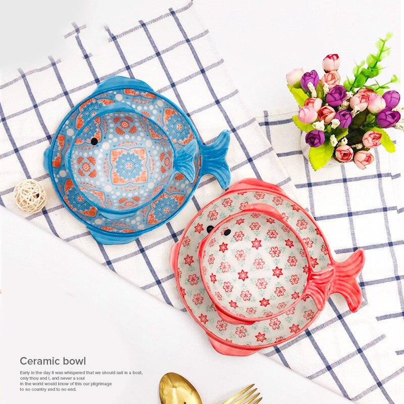 Ceramic Cutlery Fish-shaped Glaze Under The Color Plate Bowl Japanese Cartoon Irregular Bowl Plate Tableware