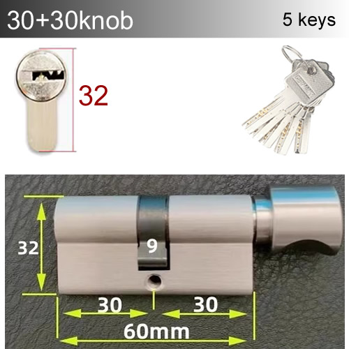 Round handle knob Lock Cylinder height 32mm Length 60-110mm with 5 keys Copper material rust-proof Suitable for wooden doors: Bronze