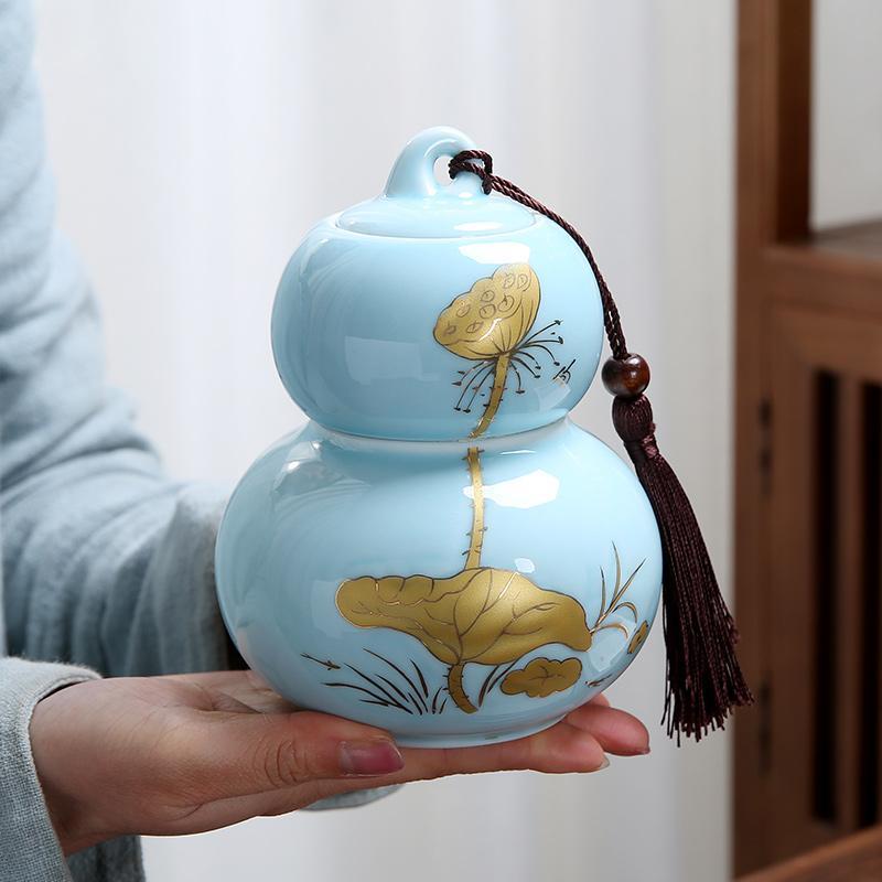 Tarro de cerámica chino de Kung Fu para decoración del hogar, recipiente de almacenamiento sellado con forma de calabaza, accesorios para ceremonia del té, especias