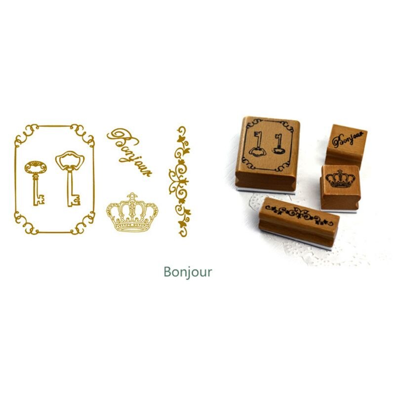 Barn barn håndlagde leker vintage stempel bokstaver håndkle fugl sommerfugl nøkkel krone mønstre scrapbooking skrivesaker stempler: Bonjour