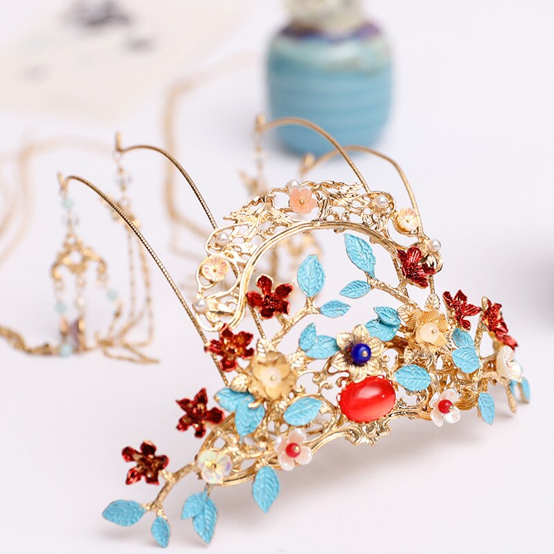 Chinese Antieke Chinese Tiara Haaraccessoires Kostuum Lange Fringe Haarspeld Bandeau Haar Ornament