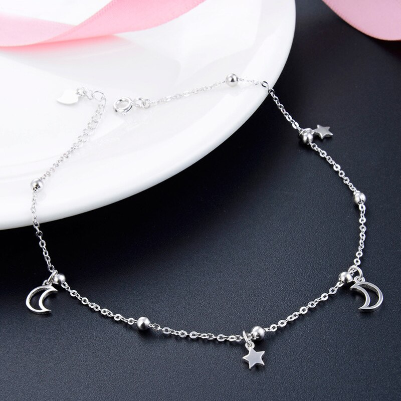 Massief Zilver 100% 925 Sterling Zilveren Ster Maan Vrouwen Enkelband Eenvoudige Stijl Chain Link Enkel Luxe Sieraden