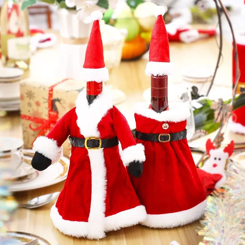 Nueva botella de vino navideña creativa, vestido de terciopelo a la , fundas para botellas de vino, manga, muñeco de nieve de Papá Noel, decoración de mesa de cena de Año de Navidad