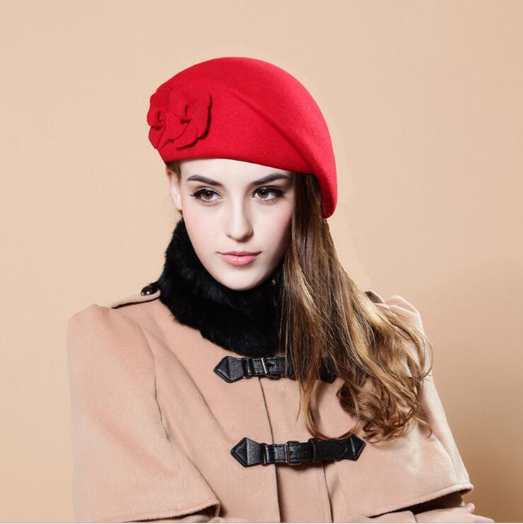 100%  uld baret vinter baretter kvinder vinter filt baret blomster kvinder følte fransk baret beanie fedora hat beanie vinter blomst