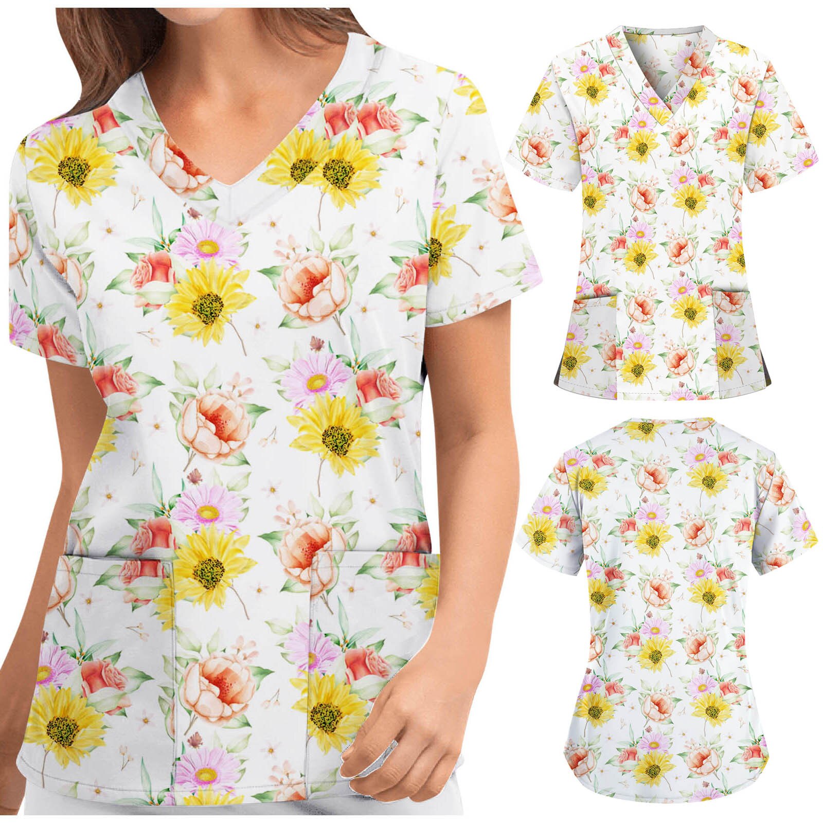 Women nurse uniform Short Sleeve V-neck Floral Pattern Tops Nursing Working Uniform T-shirts Summer Top uniforme enfermera mujer