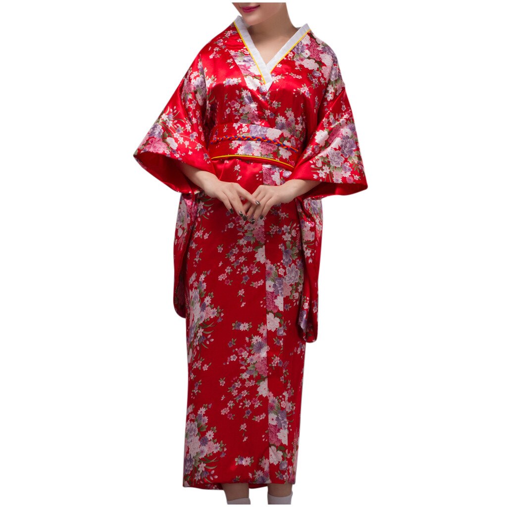 Modne sukienki luźna japońska satynowa sukienka sztucznego jedwabiu kimono z długim rękawem kobieta czerwony nadruk szlafrok szata tenisowa: Czerwony