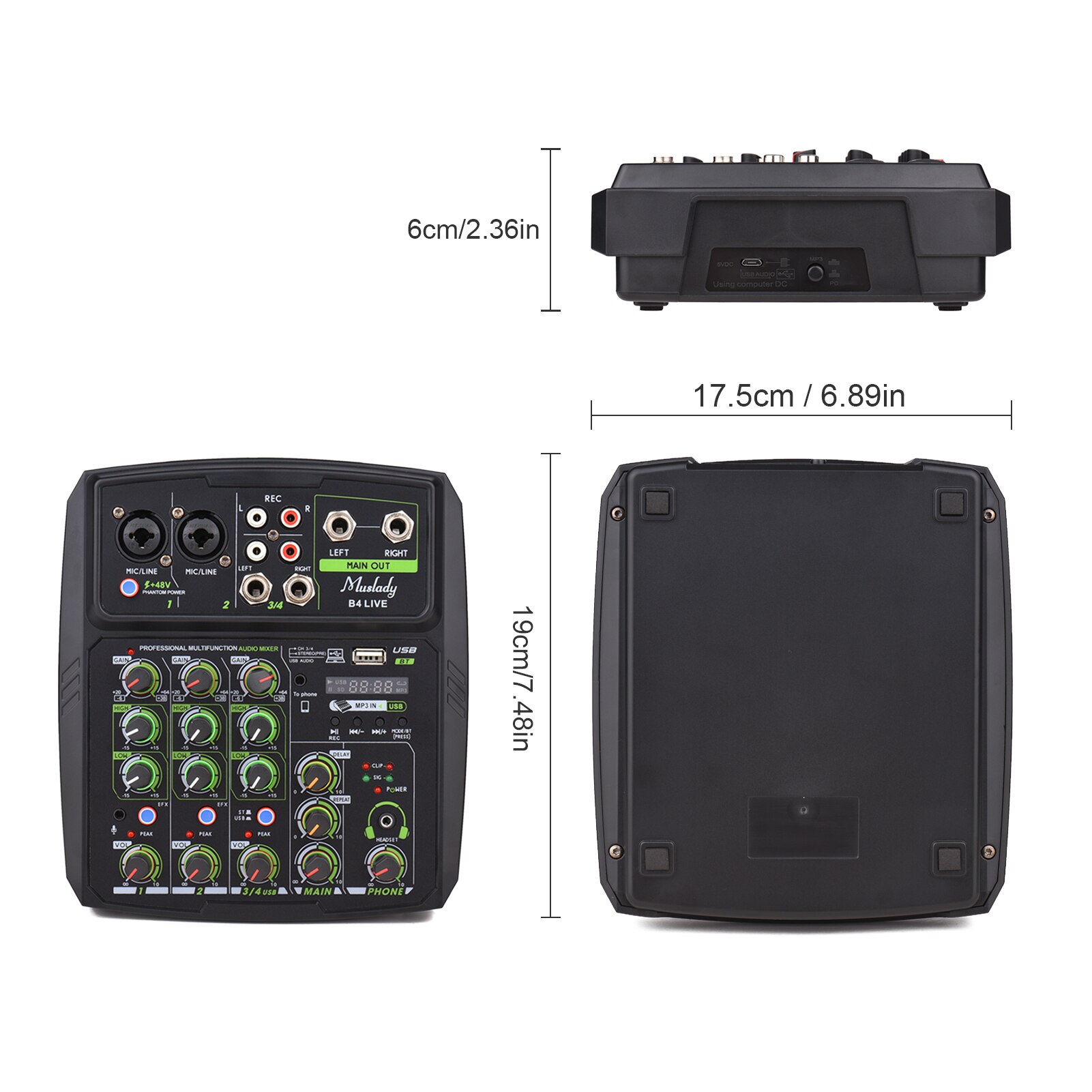 Muslady 4-Channel Audio Mixer Mixing Console LED Screen Built-in Soundcard USB BT Connection with 2-band EQ Gain Delay
