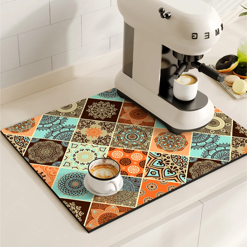 VIKAMA Kitchen Diatom Mud Mat Retro Coffee Machine Mat Waterproof Dish Drying Mats Quick Dry Drain Pad Draining Placemat: S / Clear