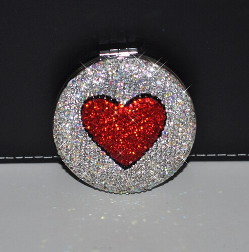 Bærbart håndholdt speil bling rhinestone hjerte sammenleggbart håndmadekorativ lomme mini rundt speil forfengelighet dekor: Rundt rødt hjerte