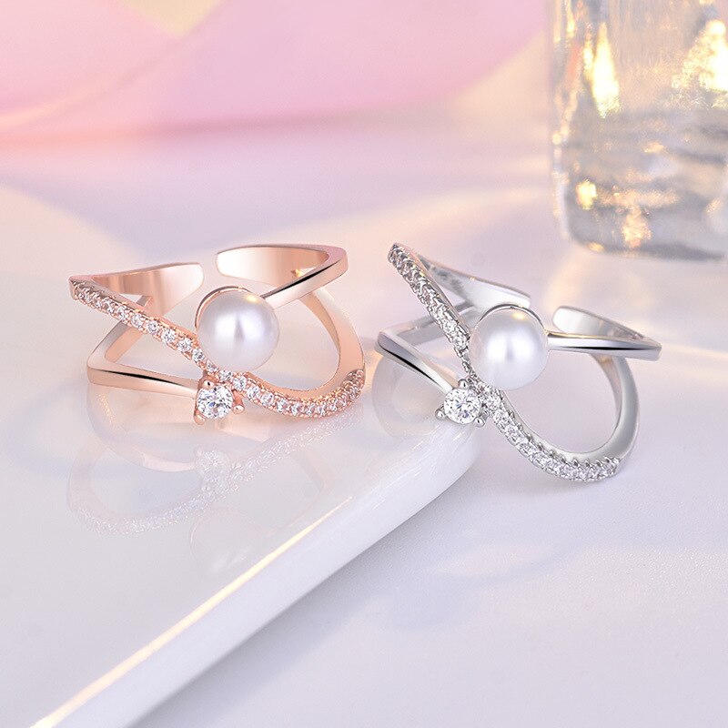 Women's rings, 925 silver jewelry, pearl, zircon gemstones, open finger ring accessories for wedding, engagement, party