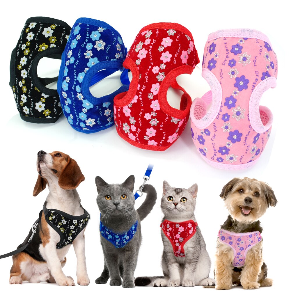 Cute Cat Harness and Leash Set Mesh Kitten Puppy Vest Chihuahua Yorkies Mesh Pet Clothes For Small Dogs Cats Flower Pattern