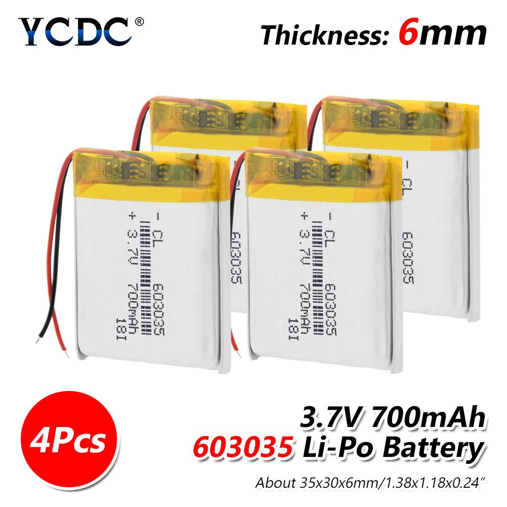 1/2/4 3.7v 603035 Li-po Battery Rechargeable Lithium Polymer Battery PCB Charge Protected Li-polymer Batteries Long Lifespan: 4 pieces