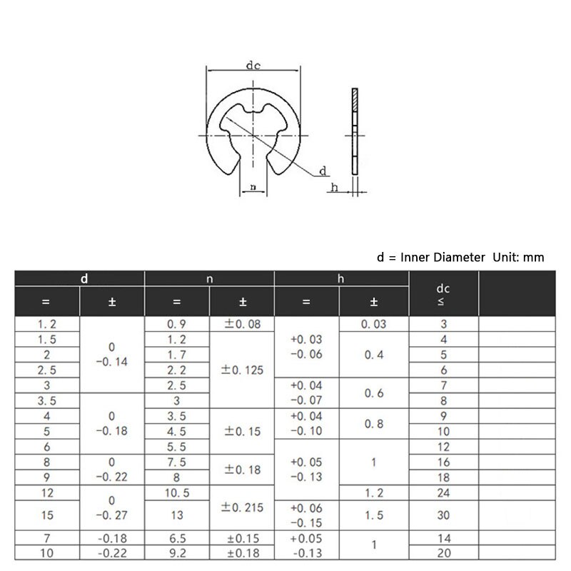Rondelle de retenue pour bague de fixation d'arbre, Clips E en acier inoxydable 304 M1.5- M15 (GB896)