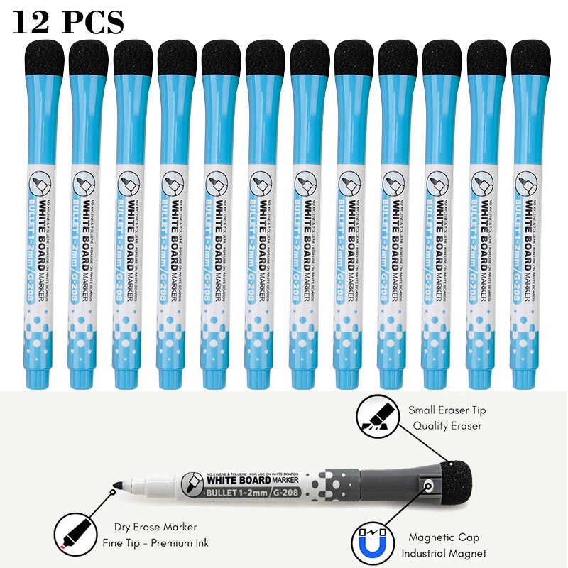 12 Pcs/lot Magnetic Dry Erase Whiteboard Markers Water 8 Colour Pen Black and White Office Supplies for Glass Ceramic Tile: 12Pcs-Blue