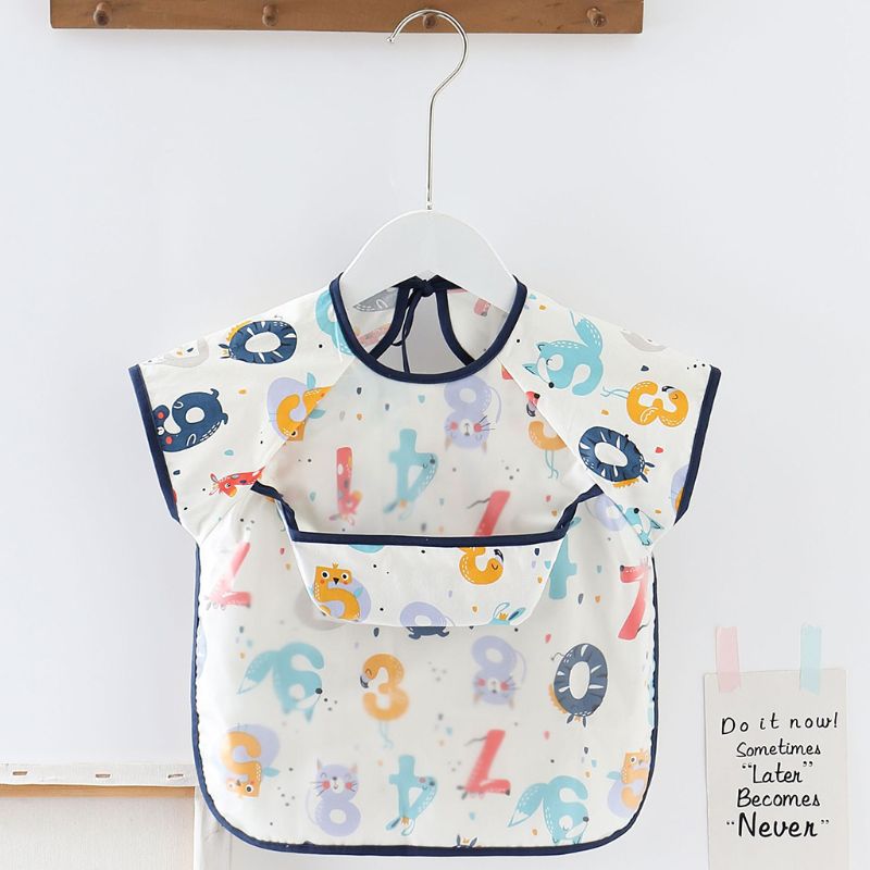 Waterproof Baby Bibs Adjustable Neckline Short Sleeve Apron Kids Feeding Smock
