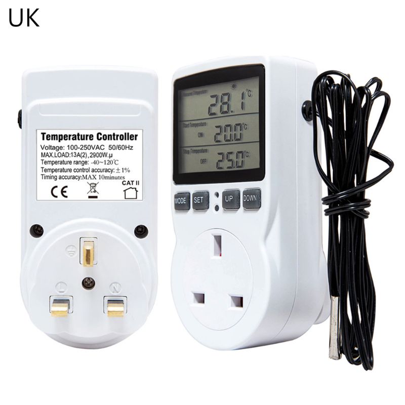 Multi-Function Thermostat Digital Temperature Controller Socket Outlet w/ Timer Switch Sensor Probe Heating Cooling 16A
