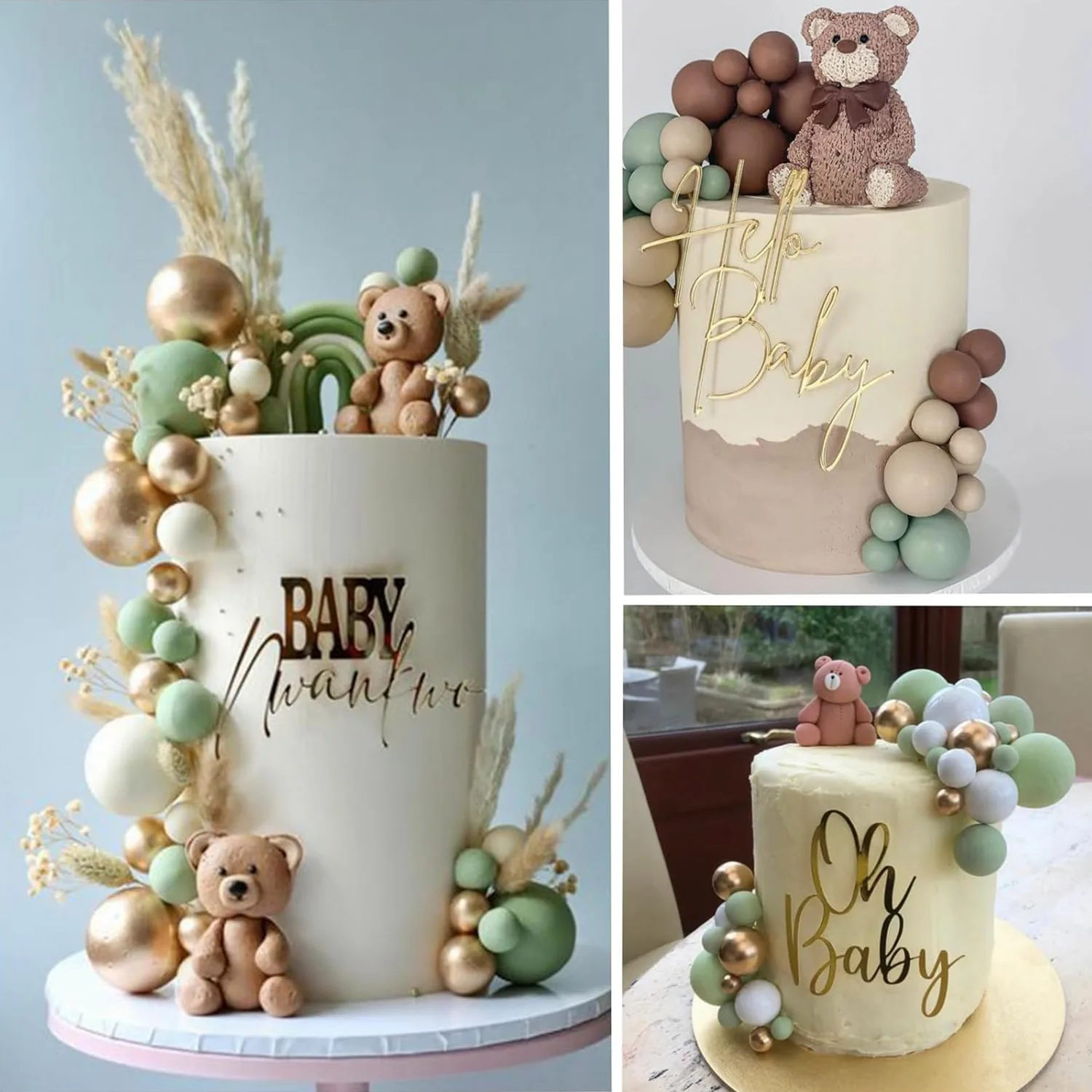 Décoration de gâteau vert sauge marron, 32 pièces, boules en mousse dorée, bricolage, décoration de gâteau pour réception pour bébé, fête d'anniversaire