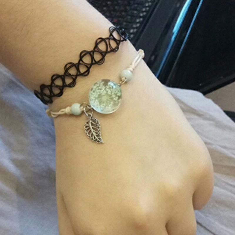 Le donne Boho Braccialetti della Sfera di Vetro Reale Dry Peach Fiore Del Dente di Leone Braccialetti Semplice Vegetali Campione Registrabile Dei Monili Del Braccialetto Regali