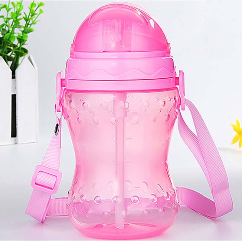 240/330ml silikone baby fodringsflasker halm babyer med håndtag vand mælk bred mund fodring flaske: 330ml lyserød rem