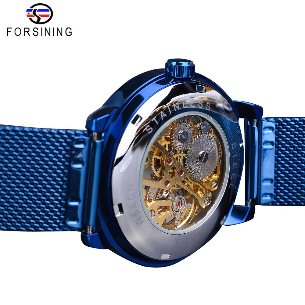 Forsining 3D squelette Royal rétro noir cadran doré montre mécanique bleu maille acier inoxydable bracelet lumineux montre-bracelet