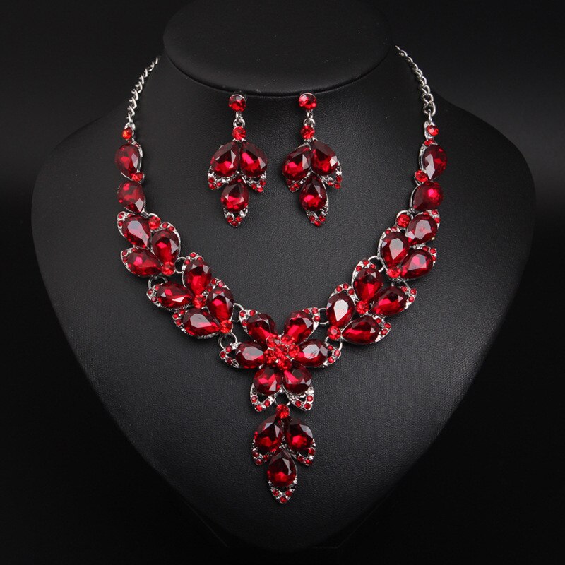 Collier classique à goutte d'eau en cristal, ensemble de bijoux avec boucle d'oreille pour mariée, chaîne, couleur argent, pour mariage, printemps: Red