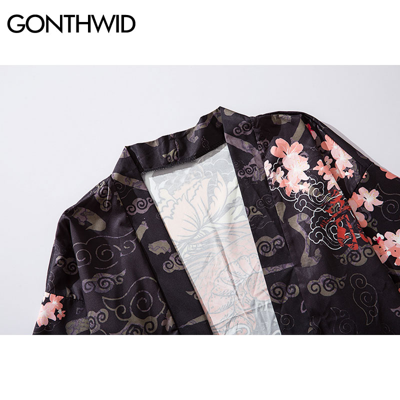GONTHWID Harajuku Dragon Cherry Blossoms Flowers Print Kimono Cardigan Haori Jackets Streetwear Japanese Style Open Front Coats